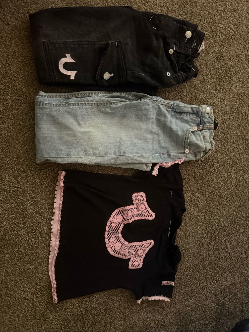 True Religion Black Tee with Pink Logo & Light and Dark Jeans